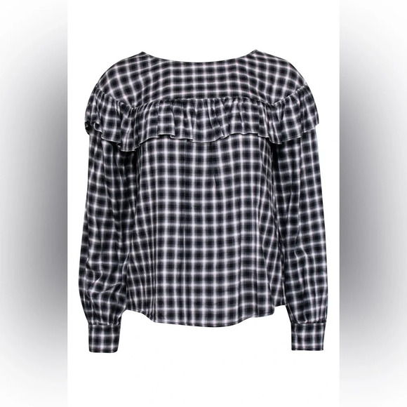 NWT La Vie Rebecca Taylor Plaid Ruffle Blouse in Black/White Size M - Picture 3 of 14